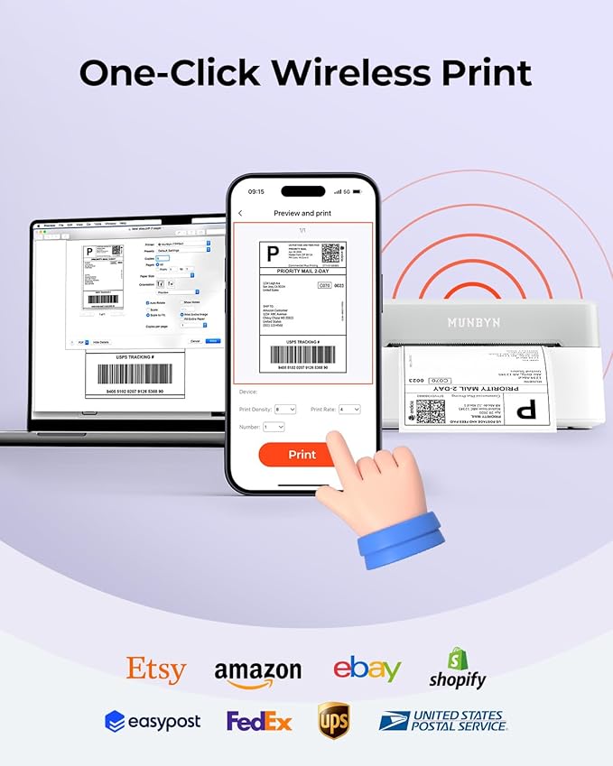 MUNBYN Bluetooth Thermal Label Printer RW403B, Wireless 4x6 Shipping Label Printer for Small Business, Compatible with Android, iPhone, Windows, Mac, Chromebook, Print Width 1.57"-4.25"-DeskLoop Office