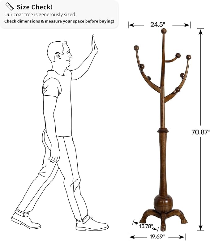 Coat Rack Freestanding Wood Coat Tree Rack with 8 Hooks, Creative Design Tree Branch-look, Standing Coat Rack Clothes Hanger Stand with Stury Base for Entryway, Hallway, Bedroom - Load 160lb (Walnut)-DeskLoop Office