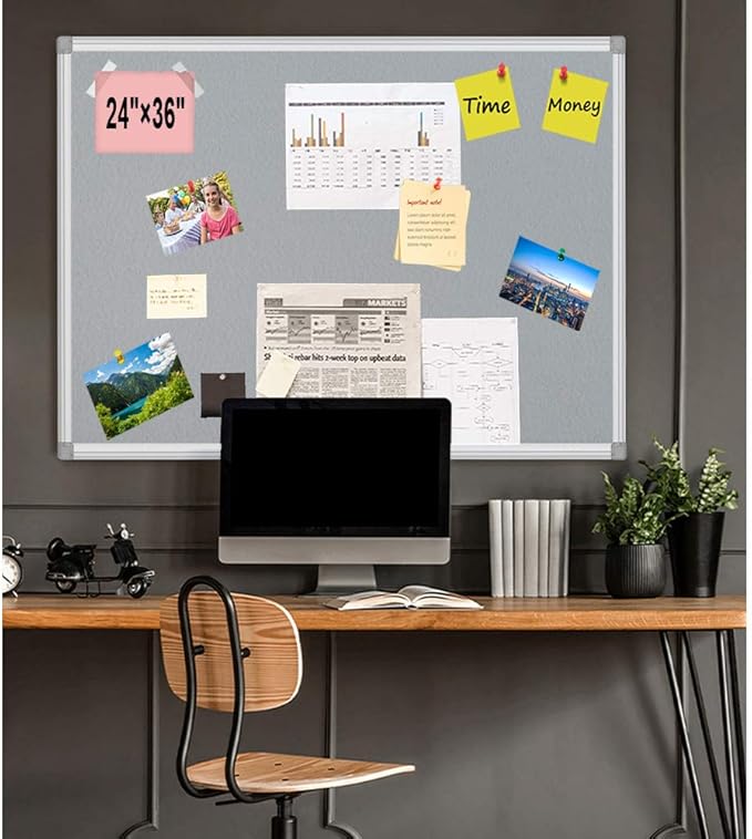 BIBOC Grey Fabric Bulletin Board, 36 x 24 inch, Wall Mounted Fabric Notice Board Cork Bulletin Board, Felt Board, Pin Board, Memo Board Sliver Aluminum Framed for Homes or Offices School-DeskLoop Office
