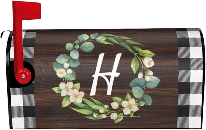 Wreath Monogram Letter H Mailbox Covers, Buffalo Plaid Outdoor Magnetic Mailbox by Yomane