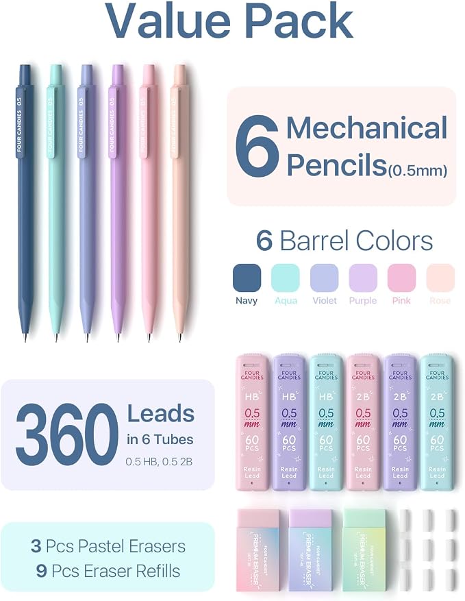 Four Candies Cute Mechanical Pencil Set, 0.5mm Fine Point, 6-Count Pack | 360 - Image 6