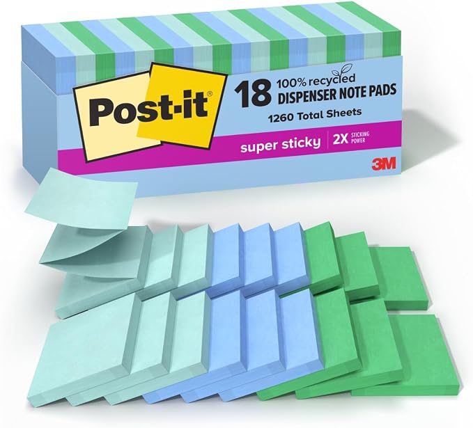 Post-it Super Sticky 100% Recycled Pop-up Notes, Oasis Collection, 3 in. x 3 in. by Unknown