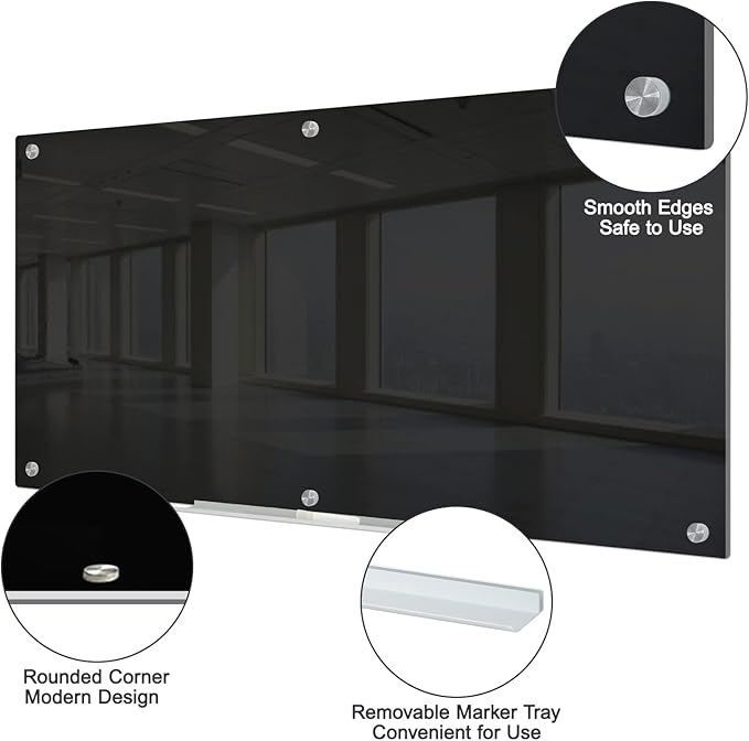 J&J worldwide Black Glass Whiteboard Magnetic Dry Erase Board 6' x 3', Large Frameless Glass White Board Wall Mounting for Office, Home, School, Includes Magnets, Marker Tray, Eraser-DeskLoop Office