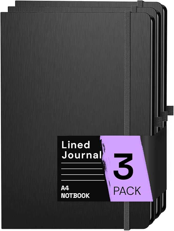 A4 Lined Journal Notebook, 8mm Ruled Notepad, Journaling for Writing, Work, School, Travel and Note Taking, Hardcover 160 Pages (80 Sheets) 8.27 x 11.6 inches (3 Pack Black)-DeskLoop Office