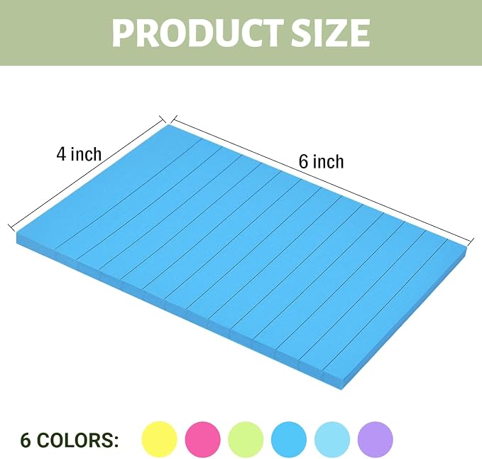 12 Pack Lined Sticky Notes 4x6 in Bright Colors Self-Stick Note Pads - Image 7