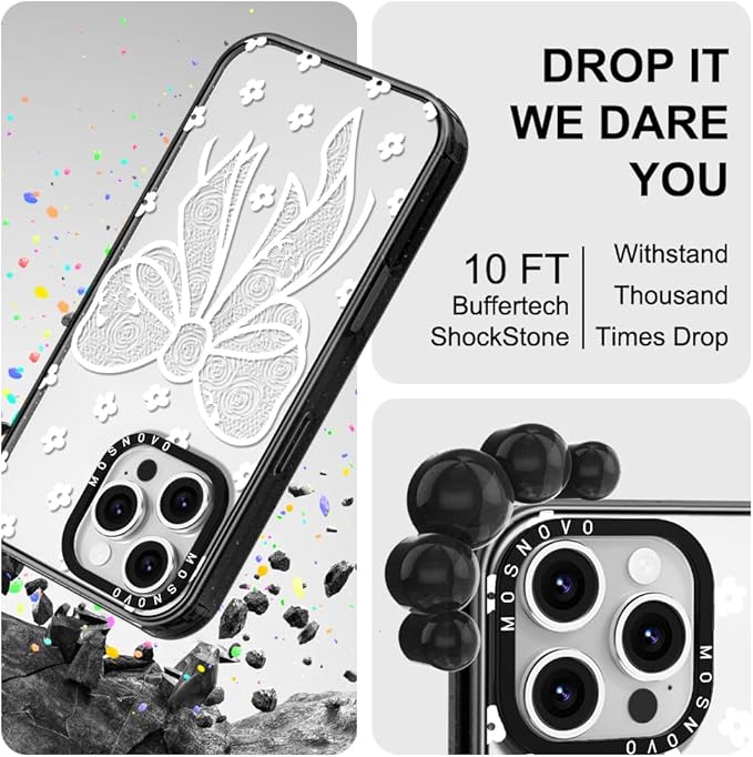 MOSNOVO Case for iPhone 16 Pro Max, [10ft 4X Military-Grade Drop Protection] Durable & Shockproof Phone Case Cover Design for iPhone 16 Pro Max - Lacey Bow - Clear Black-DeskLoop Office