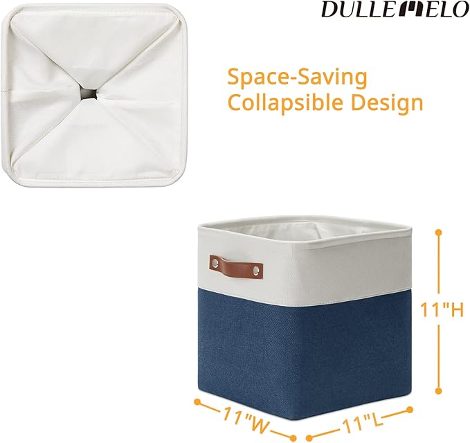DULLEMELO [Set of 4 Storage Cubes Baskets for Organizing, 11 x 11 x 11 inch Cube Storage Organizer Bins with Leather Handles, Foldable Fabric Cloth Bins for Cube Storage(4 Pack - 11" White&Blue)-DeskLoop Office