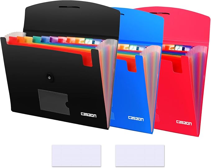 3 Pack 13-Pocket Expanding File, Plastic Expandable File Folder by CASAON
