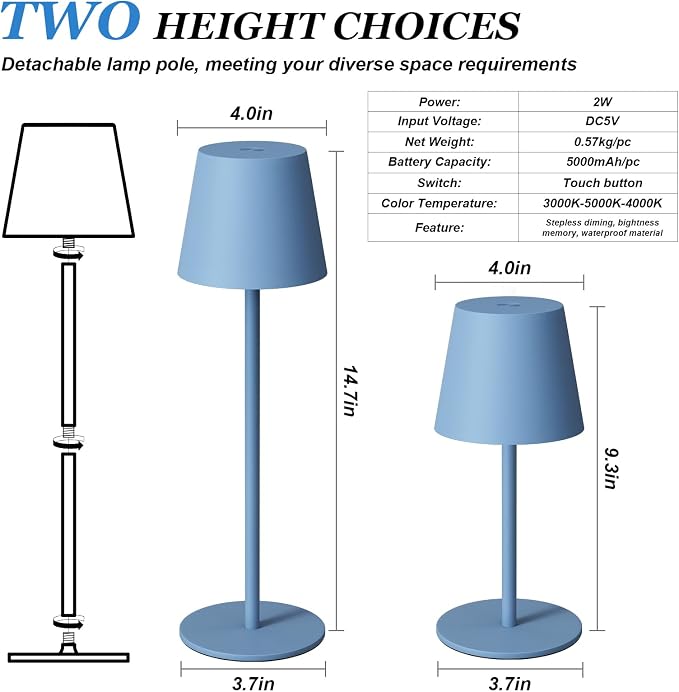 Kakanuo Cordless Table Lamp Rechargeable Blue - Image 3