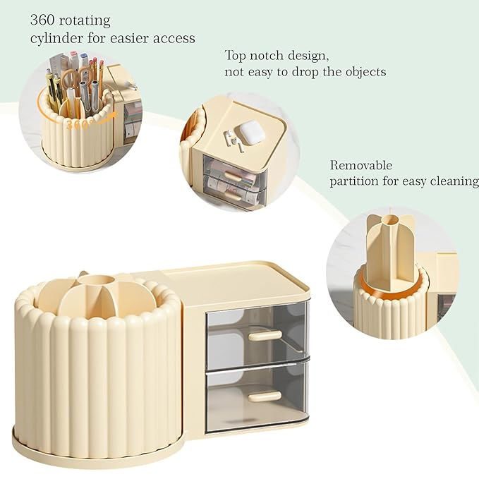 Anyoifax 360 Rotating Makeup Brush Holder 7 Slots Makeup Organizer with Drawer Removable Spinning Cosmetic Storage Pen Holder for Vanity, Dresser, Desk, Beige-DeskLoop Office