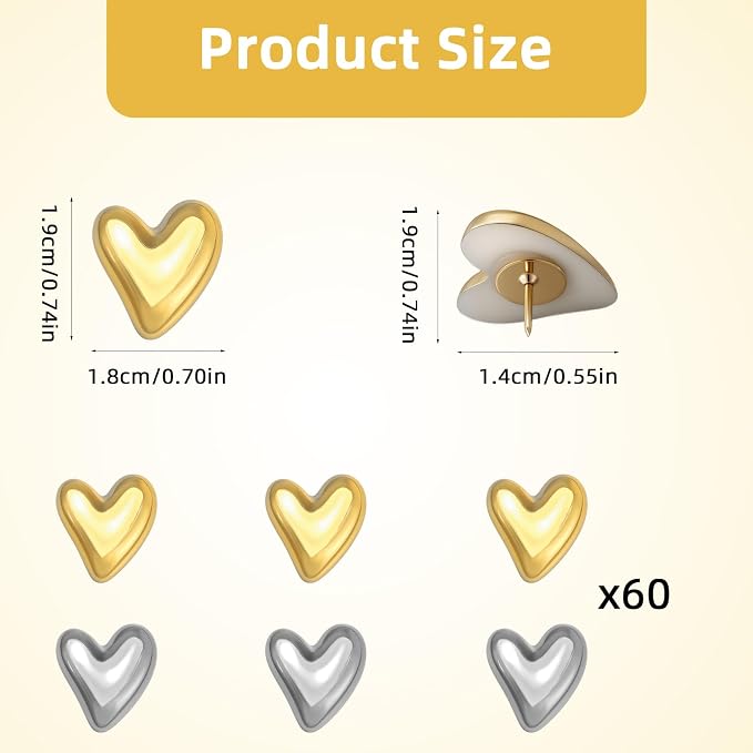 60Pcs Cute Decorative Push Pins Gold Silver Heart Thumb Tacks Pins - Image 2