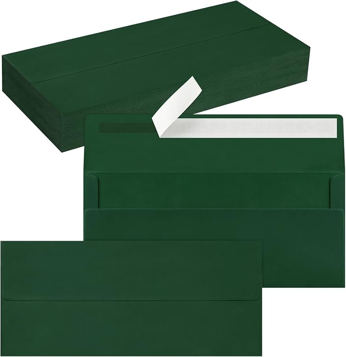 50 Pack #10 Business Envelopes, Self Seal Standard Christmas Dark Green by QIKSION