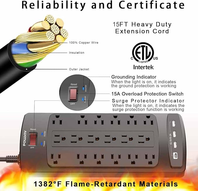 18 Outlets Surge Protector Power Strip - 15 Feet Flat Plug Heavy Duty Extension Cord with 18 Widely Outlets and 4 USB Ports, 2100 Joules, Black, ETL Listed-DeskLoop Office