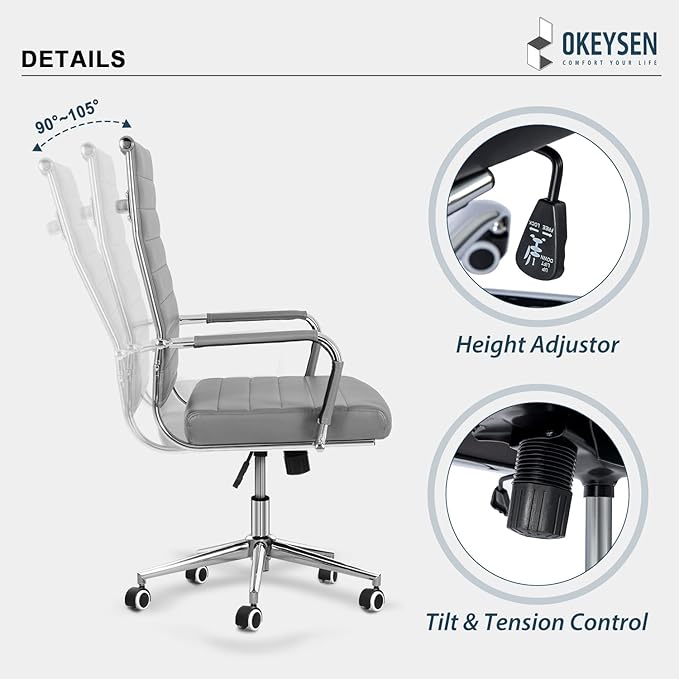 Okeysen Ergonomic Office Desk Chair, Modern PU Leather Conference Room Chairs Ribbed, High Back Executive Swivel Rolling Chair for Home, Office-DeskLoop Office