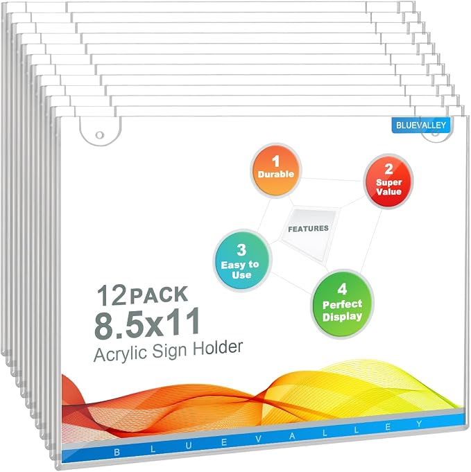 BlueValley 12 Pack Acrylic Sign Holder 8.5x11 Wall Mount Landscape – Clear Menu by BlueValley