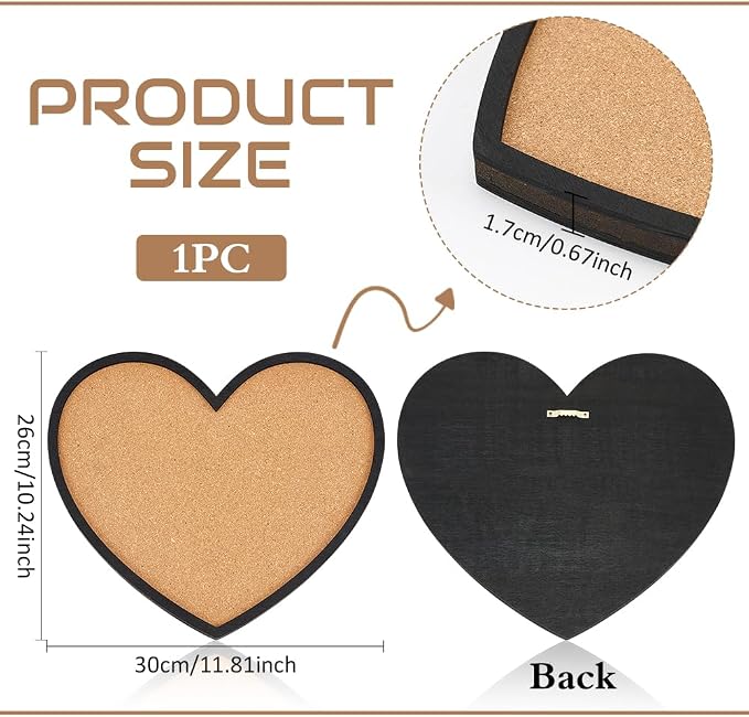 BENECREAT Pin Board Heart Cork Board Bulletin Display Board, 0.6inch Thick Wall - Image 2