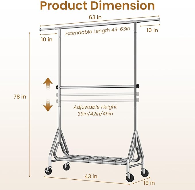 Double Rods Clothing Rack, Heavy Duty Clothes Rack for Hanging Clothes Load 560LBS, Metal Rolling Garment Racks with Wheels, Freestanding Clothes Hanging Racks, Silver-DeskLoop Office