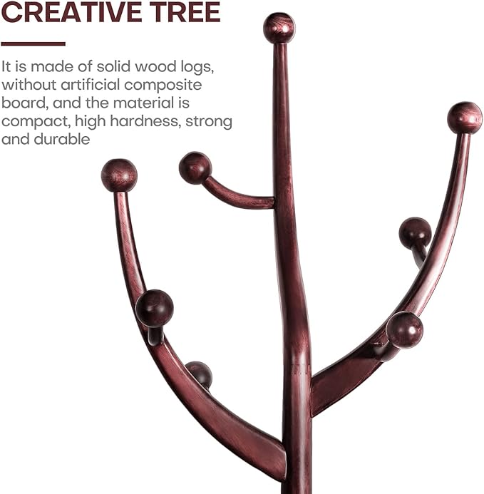 Coat Rack Freestanding Wood Tree Rack with 8 Hooks, Creative Design Tree Branch-look, Coat Tree Clothes Hanger Stand with Stable Sphere Base for Entryway, Hallway, Bedroom (Wine Red)-DeskLoop Office