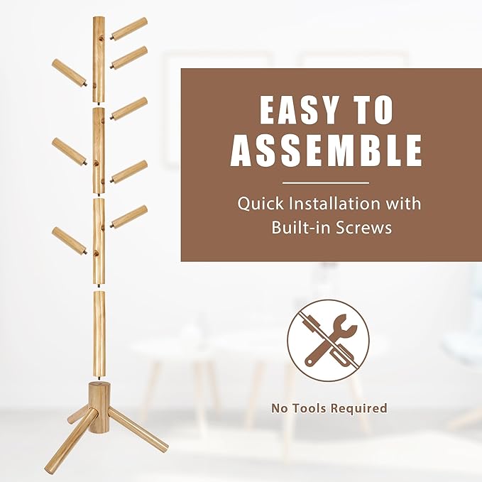 Haddockway Wooden Coat Rack Stand with 8 Hooks New Zealand Pine 3 Adjustable Coat Standing Tree Easy Assembly for Coats, Hats, Scarves and Handbags for Entryway, Hallway, Bedroom, Office-DeskLoop Office