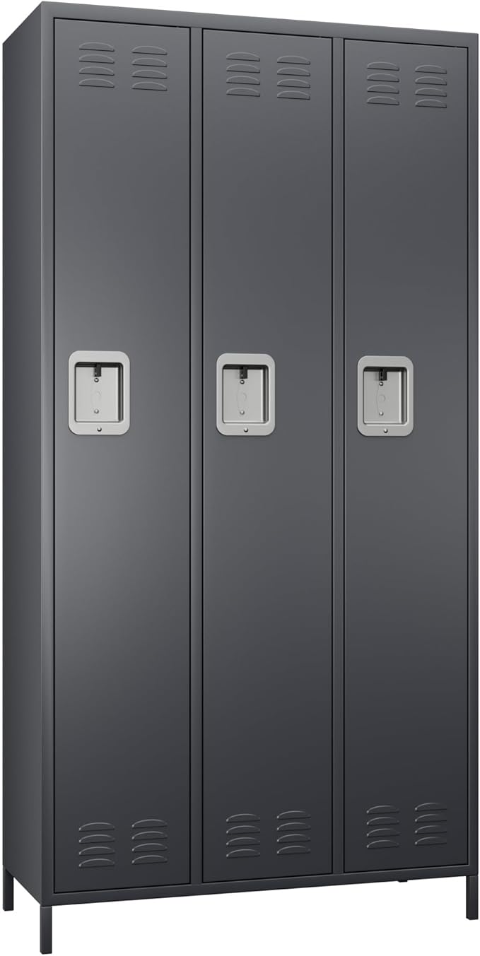 Metal Storage Locker with 3 Doors,Metal Locker for Employees with 9 Hooks for School Garage Office Gym Home,Assembly Required,Dark Grey-DeskLoop Office