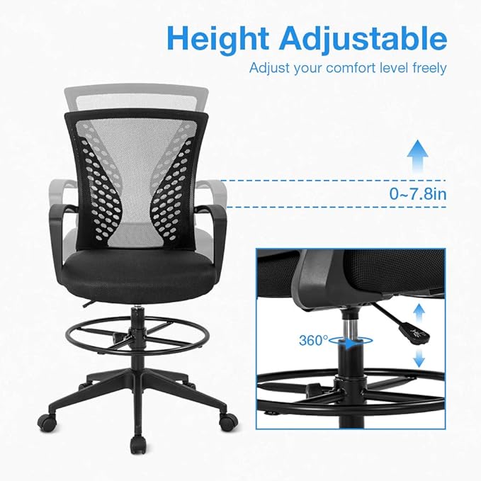 Drafting Chair Tall Office Chair Standing Desk Chair Adjustable Height with Arms Foot Rest Back Support Rolling Swivel Desk Chair Mesh Drafting Stool for Adults-DeskLoop Office
