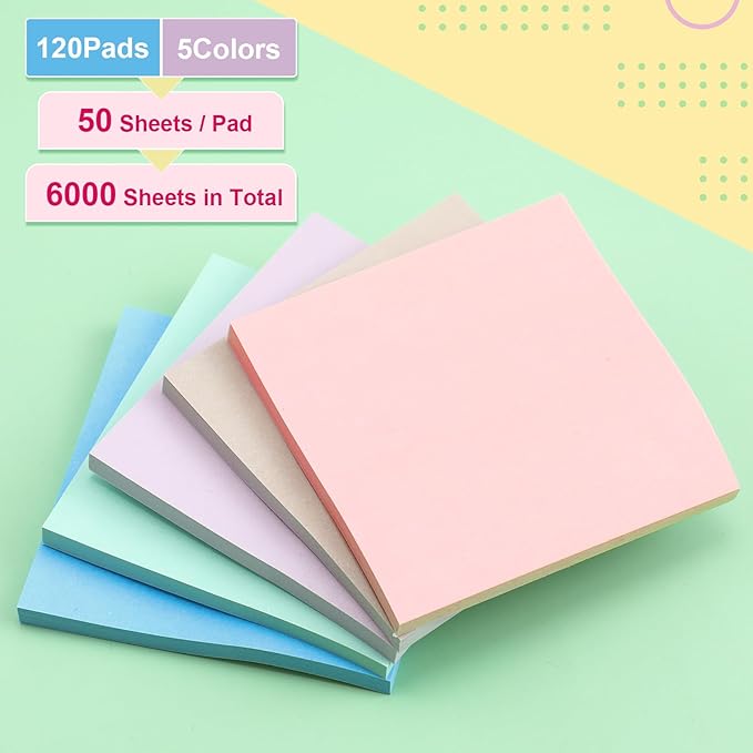 Fainne 120 Pack Sticky Notes Bulk Back to School Supplies Self Stick Note Pads Paper Memo for Office First Day of School Student Teacher Essentials (3x3 Inch,Cute Color)-DeskLoop Office