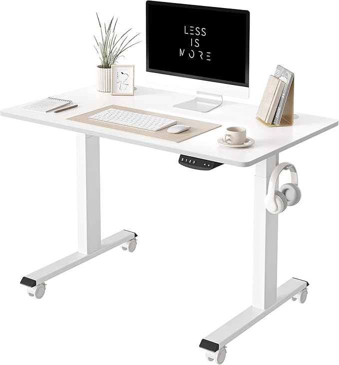 FEZIBO One-Piece Standing Desk Adjustable Height Stand up Home Office Desk, 40x24 Inch Electric Standing Computer Desk, with 4 Memory Presets, Fixable casters, White-DeskLoop Office