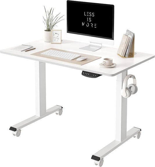 FEZIBO One-Piece Standing Desk Adjustable Height Stand up Home Office Desk, 40x24 Inch Electric Standing Computer Desk, with 4 Memory Presets, Fixable casters, White-DeskLoop Office