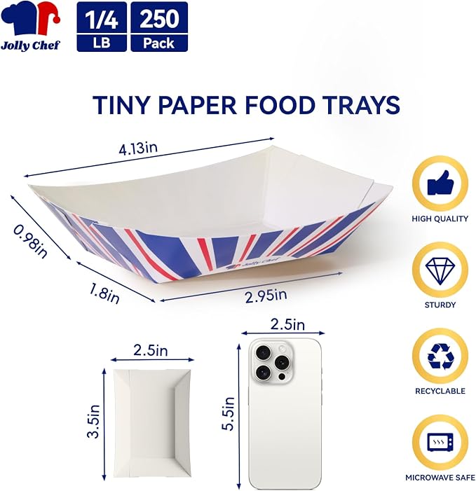 JOLLY CHEF 250 Pack 1/4 Lb Paper Food Trays, Mini Disposable Food Boat - Image 2