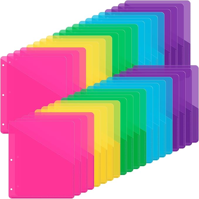 Maitys 50 Pack Binder Pockets 3 Hole Punch Clear Plastic Document Folders by Maitys