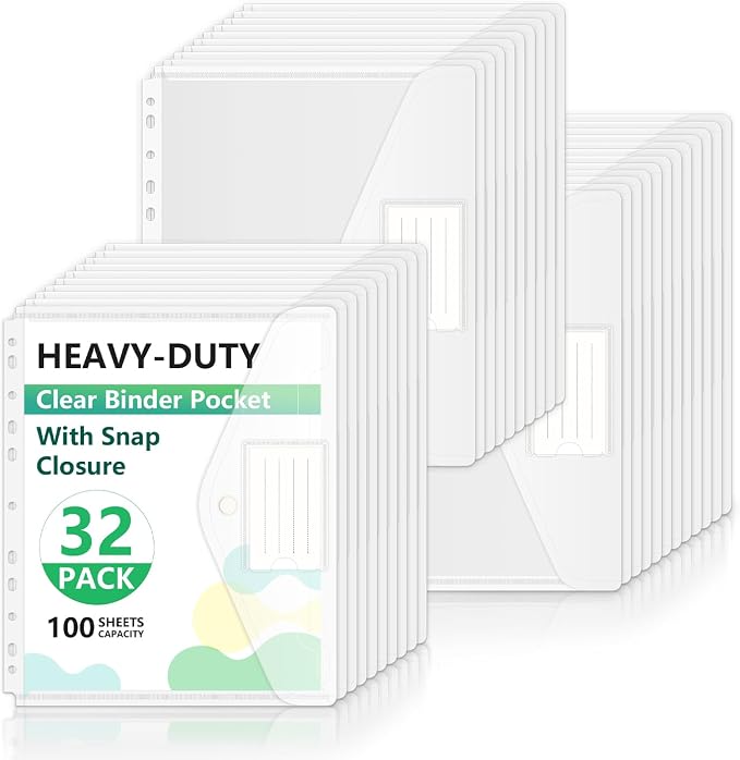HOUYEE 32 Pack Clear Binder Pocket, 11 Holes Heavy-Duty Plastic Binder Pouch by HOUYEE