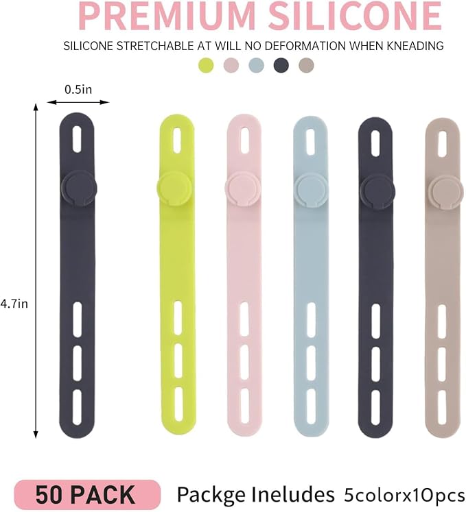 Oligei 50 Pcs Silicone Cable Ties, Cable Ties Reusable, High Elasticity Cord - Image 2