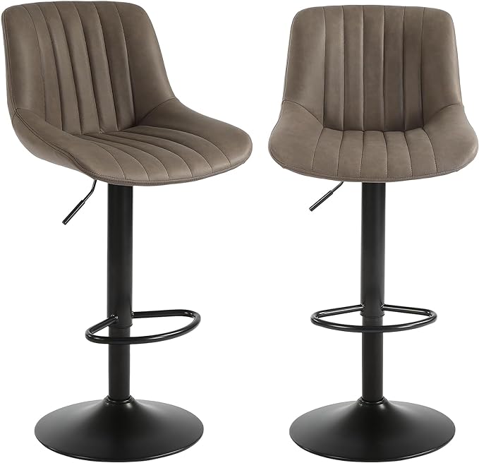 Bar Stools Set of 2, Swivel Counter Height Barstools with Back, Adjustable Faux PU Leather Bar Chairs, Modern Armless Kitchen Island Stool, Brown-DeskLoop Office