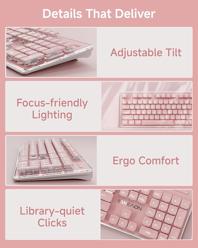 V3 Wireless Keyboard and Mouse with Single Backlit, Metal Panel, Bluetooth/2.4G Rechargeable Computer Keyboard and Mouse Combo Silent Lighted Full Size Cute Keyboards-Pink-DeskLoop Office