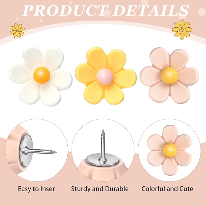 Sawysine 60 Pcs Cute Push Pins Decorative Push Pins Thumb Tacks Colorful Flower - Image 3