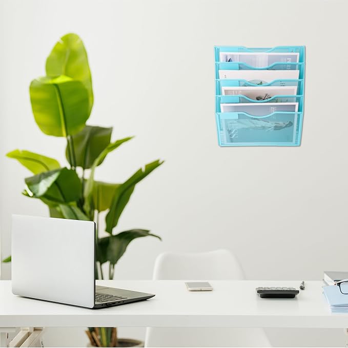 EASEPRES 5 Pocket Mesh Hanging Wall File Organizer, Wall Mounted Mail Paper Document Folder Holder, Clipboard Storage Organization Magazine Rack with Nametag Label for Office Home School, Blue-DeskLoop Office