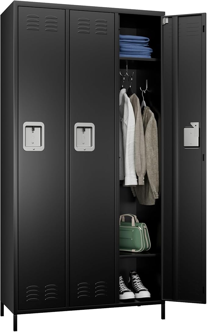 3 Doors Metal Lockers for Employees with Lock, Metal Locker with 9 Hooks for School Garage Office Gym Home,Assembly Required,Black-DeskLoop Office