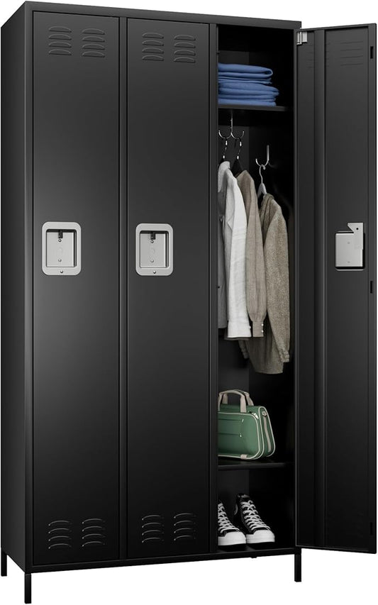 3 Doors Metal Lockers for Employees with Lock, Metal Locker with 9 Hooks for School Garage Office Gym Home,Assembly Required,Black-DeskLoop Office