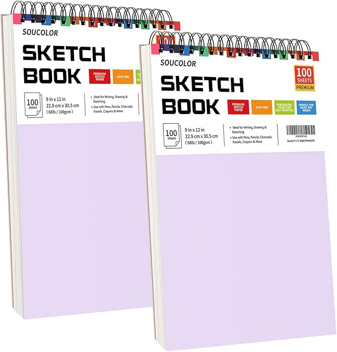 Soucolor 9" x 12" Sketch Book - 2 Packs, 100-Sheets Each (68lb/100gsm) Drawing Pad for Girls and Women - Christmas, Birthday, Thank You Gifts and Stocking Stuffers-DeskLoop Office