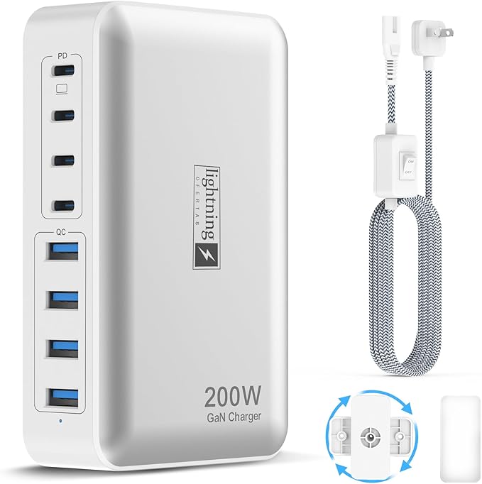 200W Charging Station for Multiple Devices, 8-Port USB C Charger Block Fast Charging, 65W Type C GaN Power Adapter for Cellphones, Tablets, Laptops, Multi Chargers USB Hub Flat Plug-DeskLoop Office