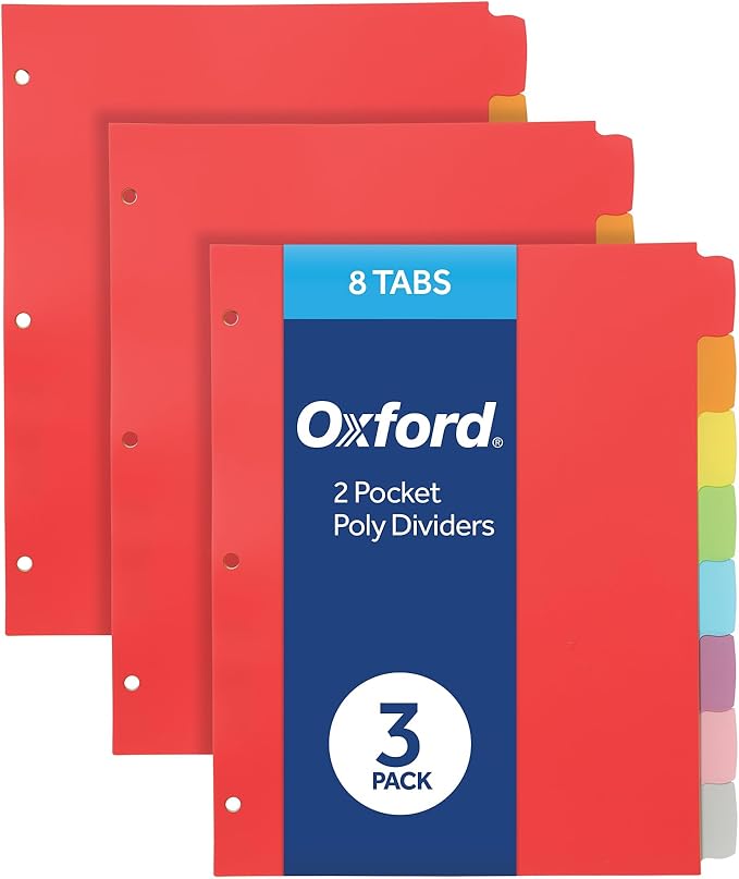 Oxford Poly Binder Dividers, 3 Hole Punch Organizers, 8 Tab Write and Erase by Oxford