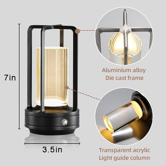 cordless led table lamp,klarako crystal lantern,outdoor table light,auge light Portable Metal Table Lamp for Indoor/Outdoor, 3 Colour4000mA Dimming Battery Powered Small Desk Lamp Bar/Camping-Black-DeskLoop Office