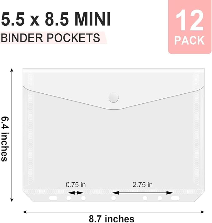 8.5x5.5 Binder Pockets, Poly Mini Binder Pocket 5.5 x 8.5 inches, 7-Hole Punched - Image 2