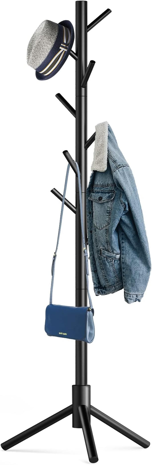 Wooden Tree Coat Rack Stand,Sturdy Freestanding Coat Rack with 8 Hooks,3 Adjustable Height for Child Adult,Wood Coat Stand Tree Fits Entryway Bedroom Office for Bags,Hats-DeskLoop Office