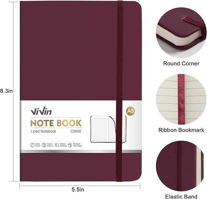 ViVin Lined Journal Notebooks, 3 Pack, 192 Pages, Medium 5.5 x 8.3 inch - Image 2