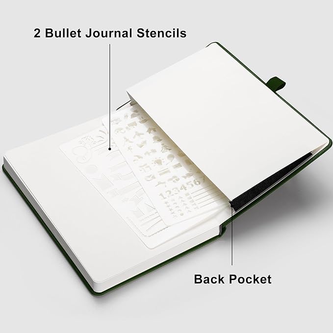RETTACY Bullet Dotted Journal Notebook, 256 Pages, A5 Medium Size (5.7'' × 8.3''), Leather Hardcover, 120 GSM Thick Paper, for Bullet Journaling, Planning, Tracking (Dark Green)-DeskLoop Office