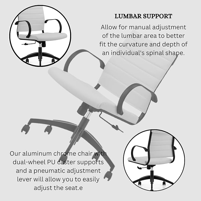 Ribbed Mid Back Conference Room Chairs - Lumbar Support, Modern Executive Home Office Chair - White Leather Seat & Black Aluminum Frame-DeskLoop Office