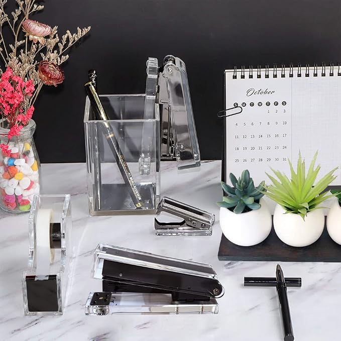 Acrylic Black Tape Dispenser and Desktop Stapler, Includes Staple Remover - Image 5