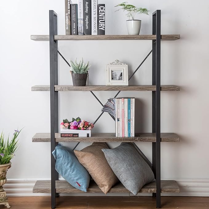 HSH 4-Shelf Vintage Industrial Bookshelf, Rustic Gray Wood and Metal 4 Tier Bookcase, Open Wide Etagere Book Shelf for Home Office Livingroom Bedroom Dispaly, Light Grey Oak-DeskLoop Office