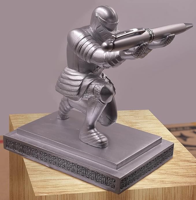 Executive Knight Pen Holder with A Cool Pen, Home Office Desk Organizers Decor Resin Pen Holder, Christmas Gift Idea for Dad, Uncle, Man, Boyfriend, Friends Silver-DeskLoop Office